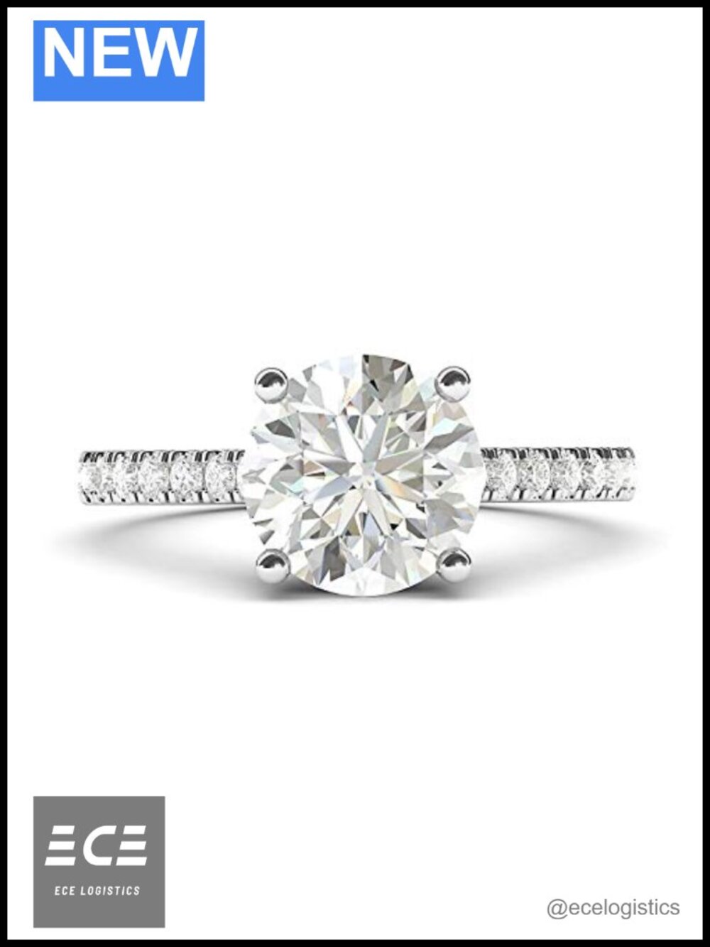 Sterling Silver 2CT Moissanite Engagement Ring 4-Prong Side Stones Bridal
